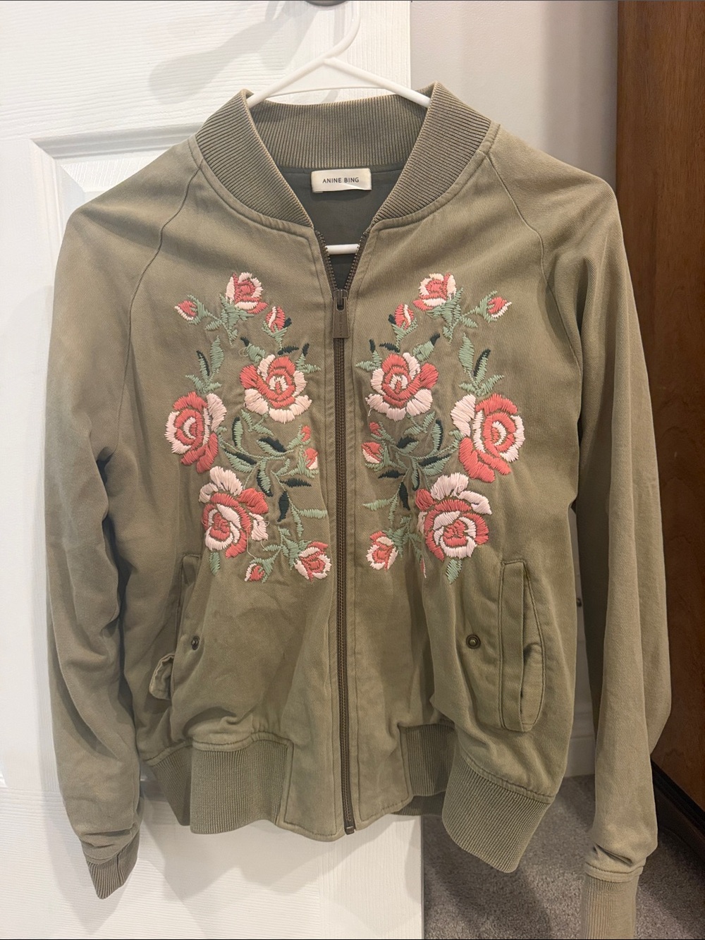 Anine Bing Olive Bomber Jacket with Pink Floral Embroidery